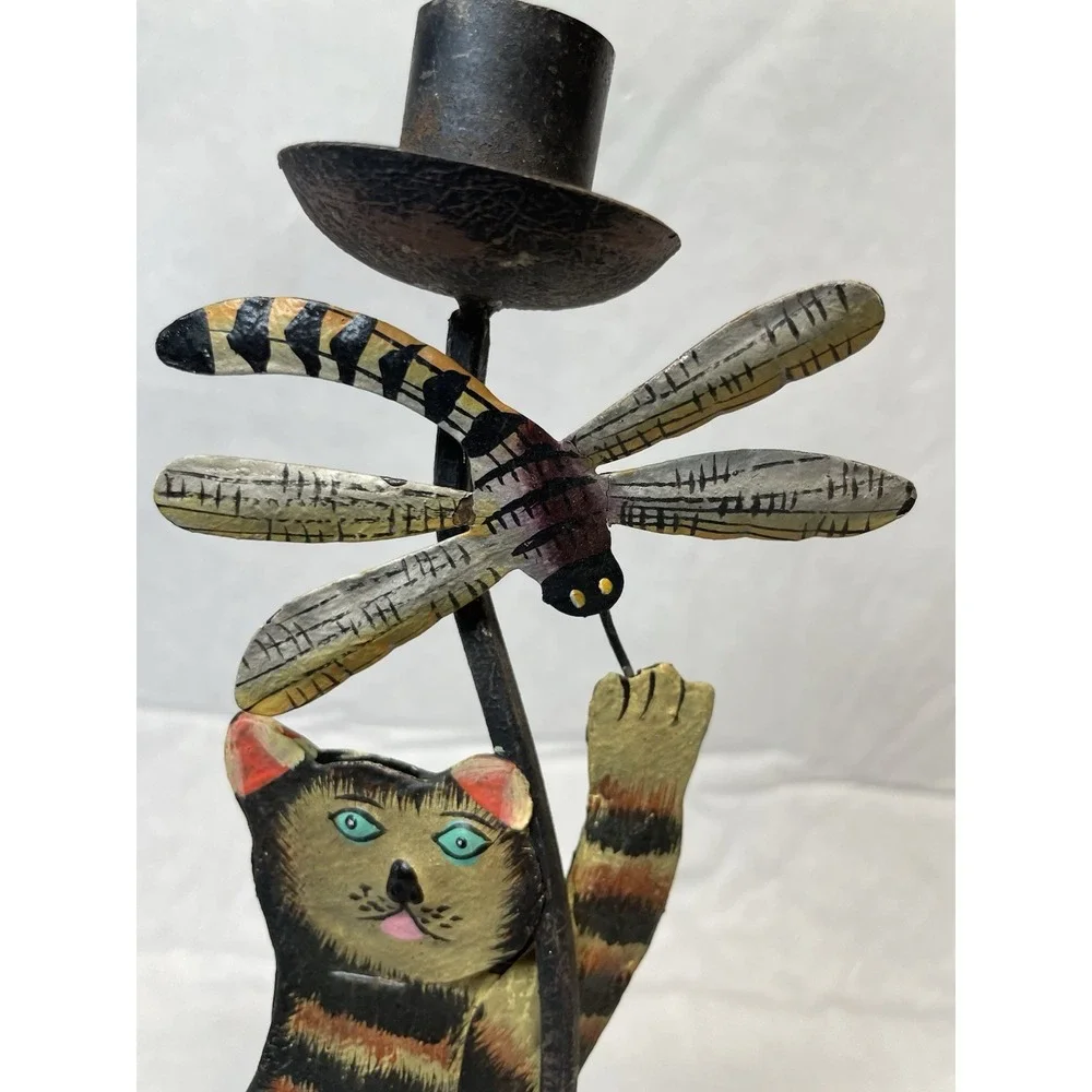 VTG Hand painted Metal 3-D Tabby Cat Dragonfly Candelabra 12